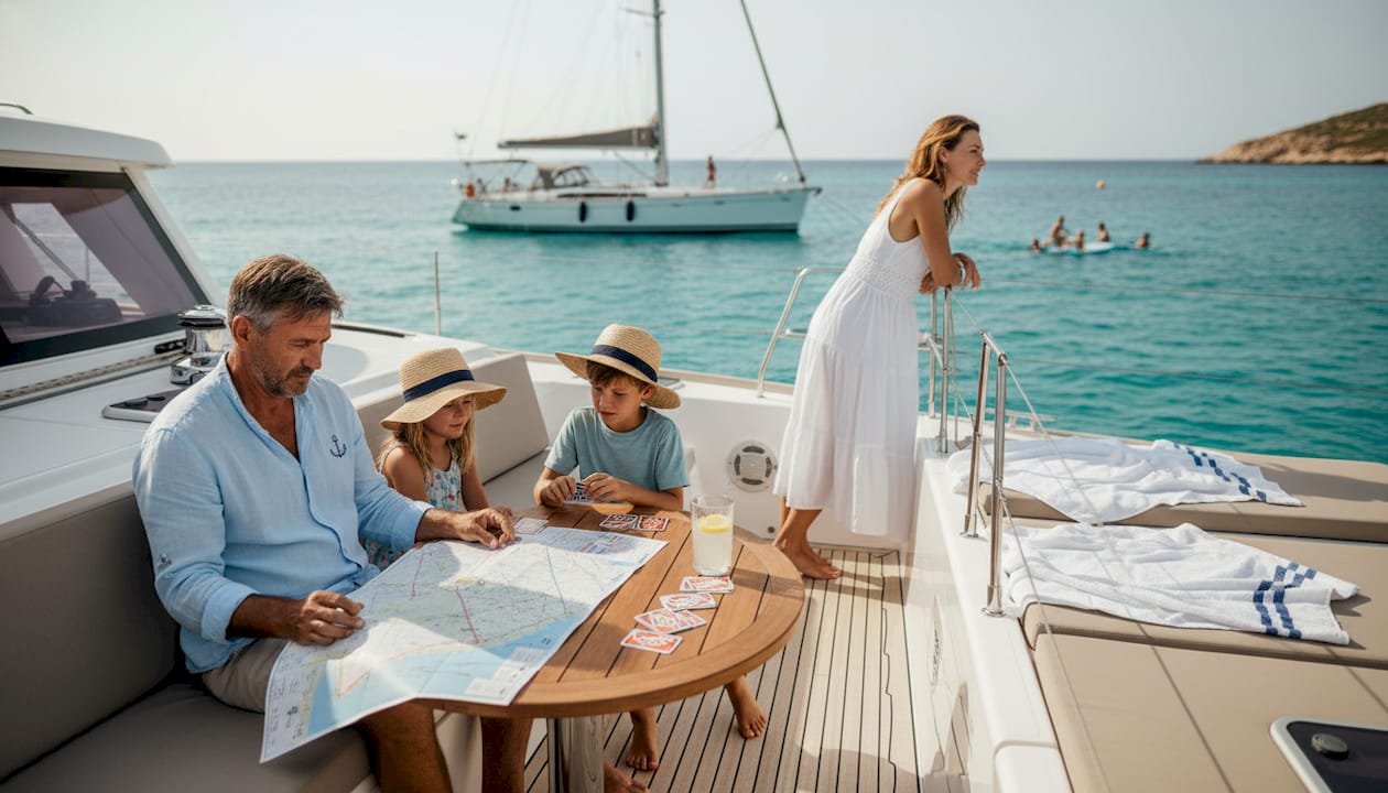 Family enjoying holiday on catamaran and sailboat