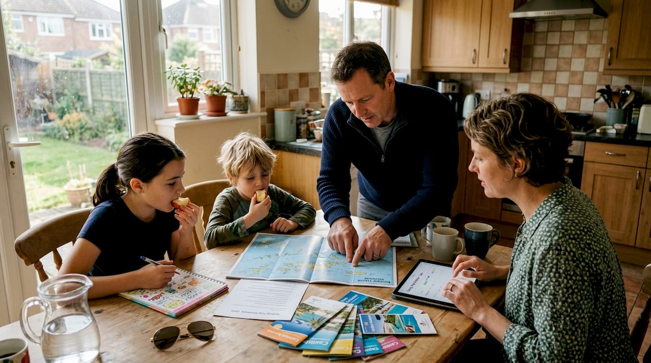 Family planning a sailing holiday at kitchen table