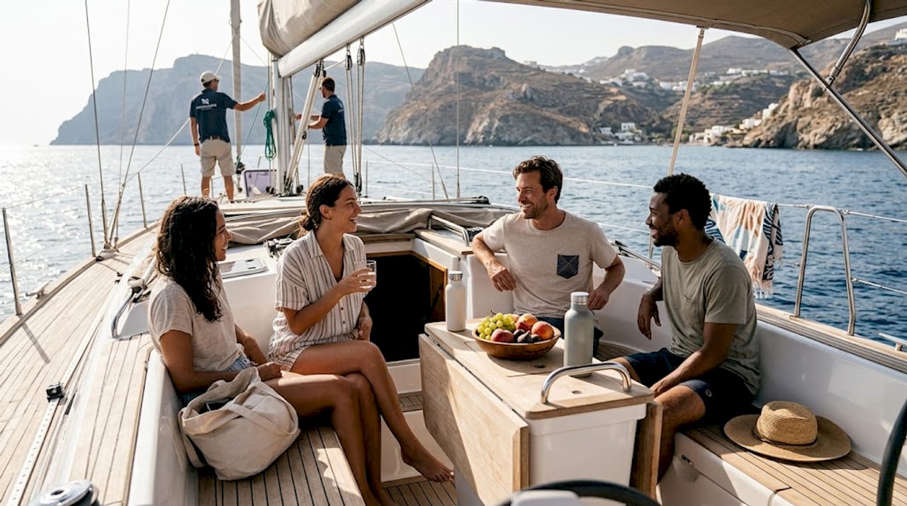 Friends relax on Mediterranean sailing yacht deck