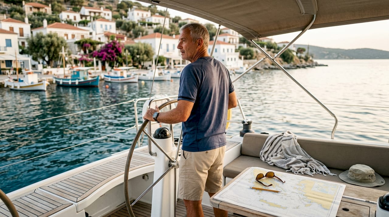 Yacht captain at helm Mediterranean anchorage