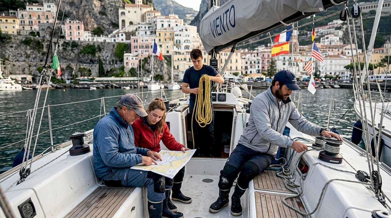 Echipajul pregătește un iaht de curse mediteranean în portul de agrement