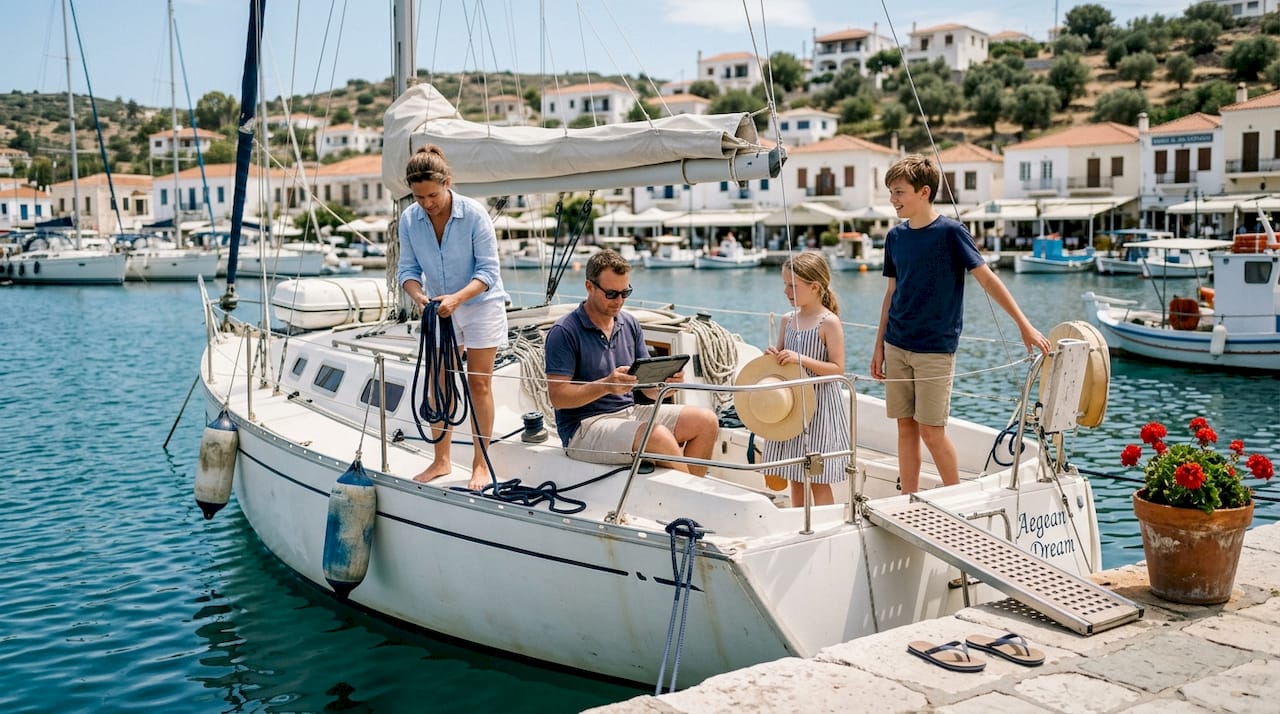 Famille préparant un voilier dans un port de plaisance méditerranéen