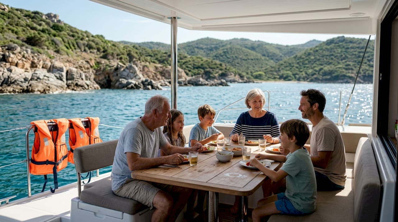 Family enjoying meal on boat near Sardinia