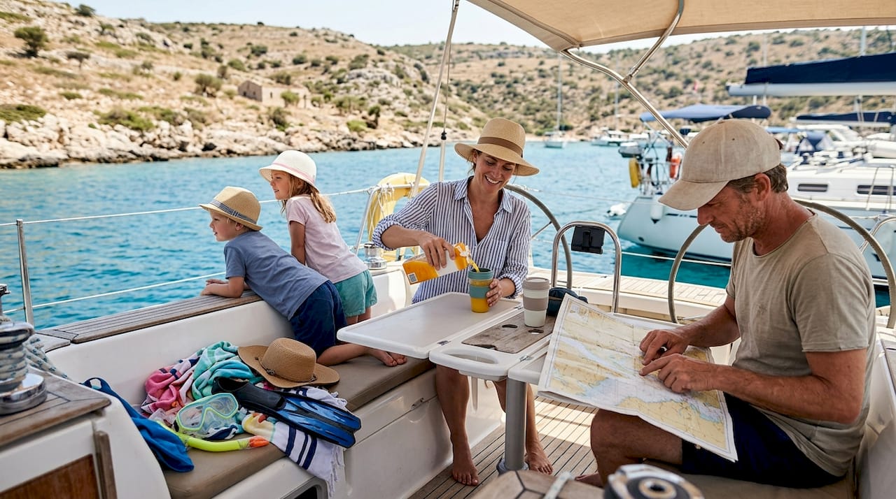 Family relaxing on sailboat Mediterranean coast