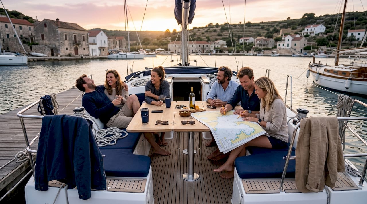 Friends planning group sailing holiday on yacht