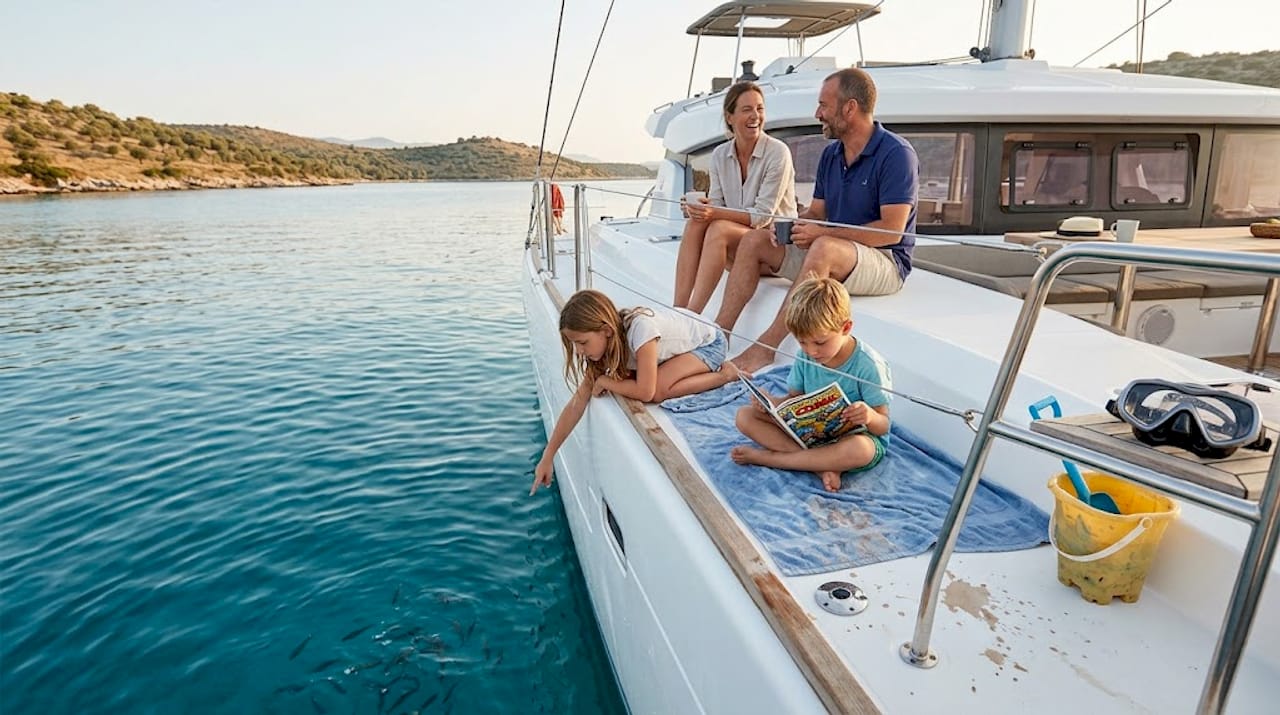 Family relaxing on catamaran deck in Mediterranean