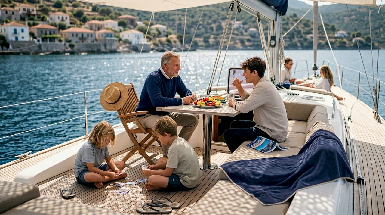 Family relaxing and talking on yacht deck