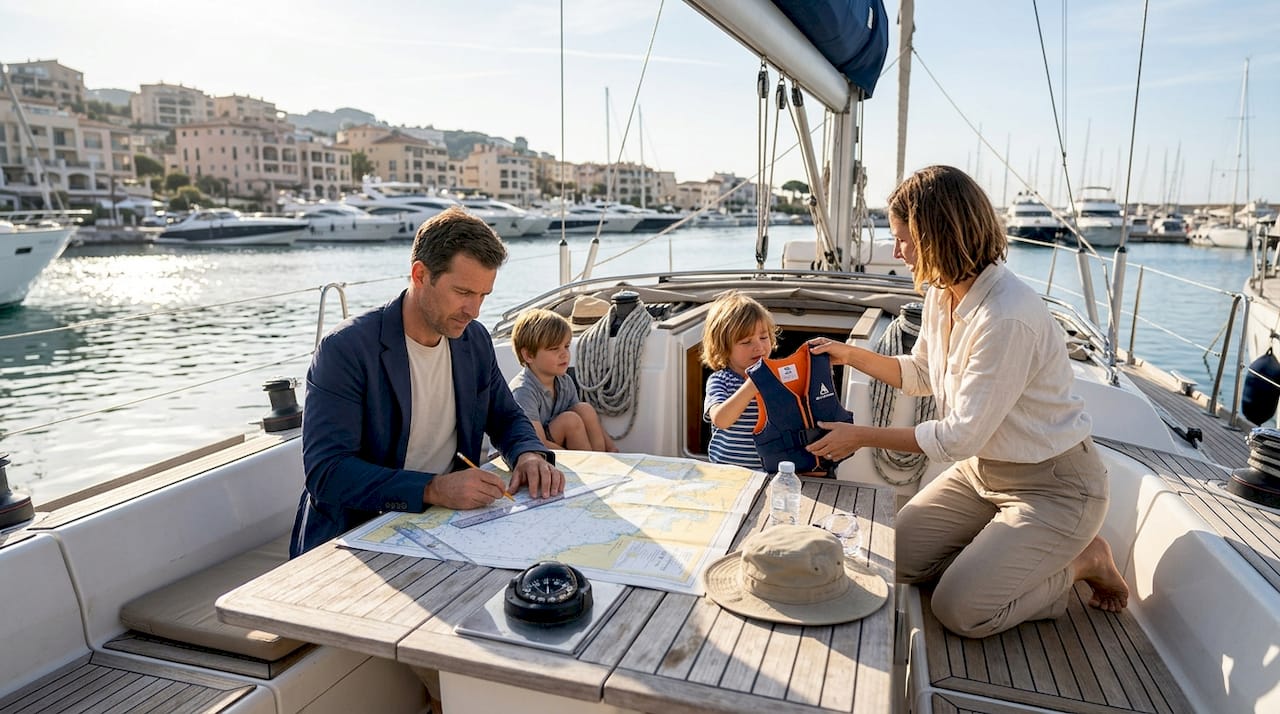 Family preparing sailboat in Mediterranean marina