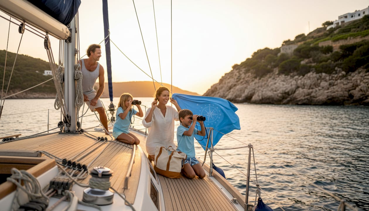 Familia se bucură de navigarea în golfulețul mediteranean