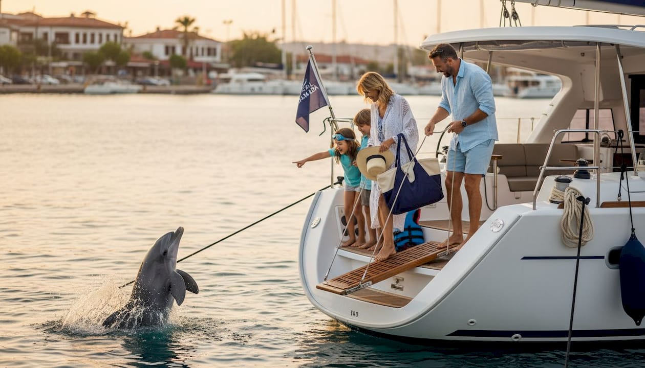 Family boarding sailboat in Turkish marina