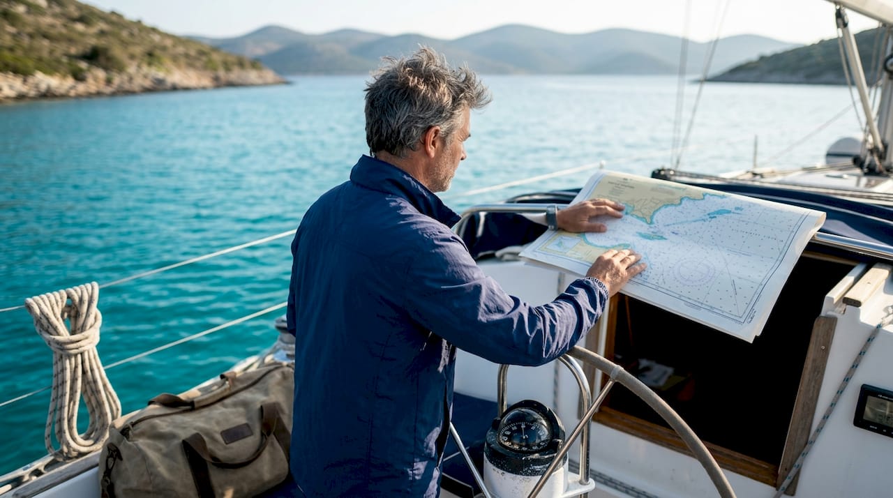 Sailor steering sailboat and reading chart