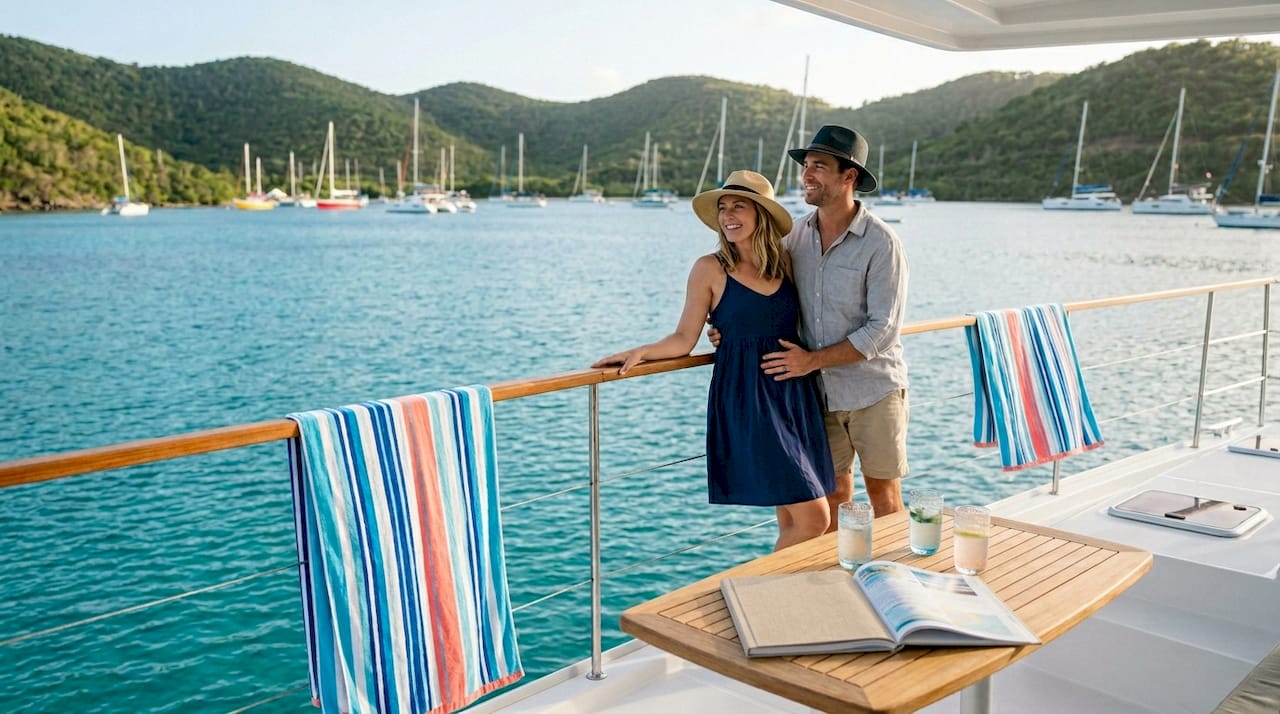 Couple relaxing on catamaran deck in the BVI