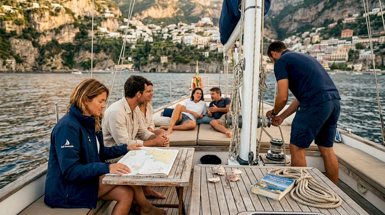 Travelers sailing Mediterranean coastal waters