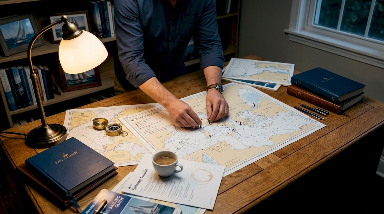 Person planning yacht itinerary on map