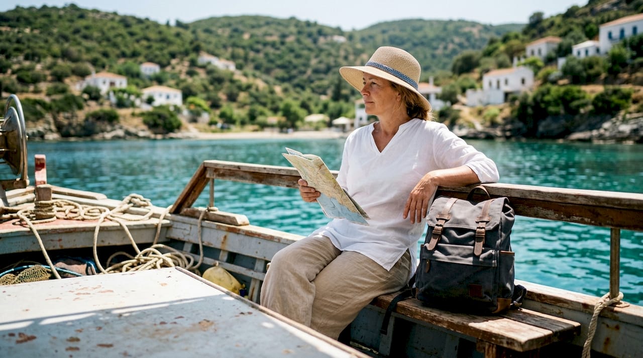 Woman on ferry deck gazing at Greek islands