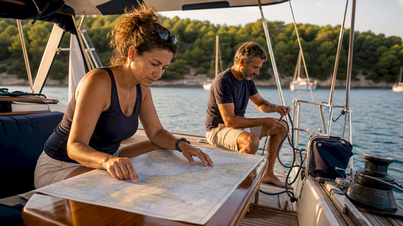 Couple planning sailing route on private yacht deck