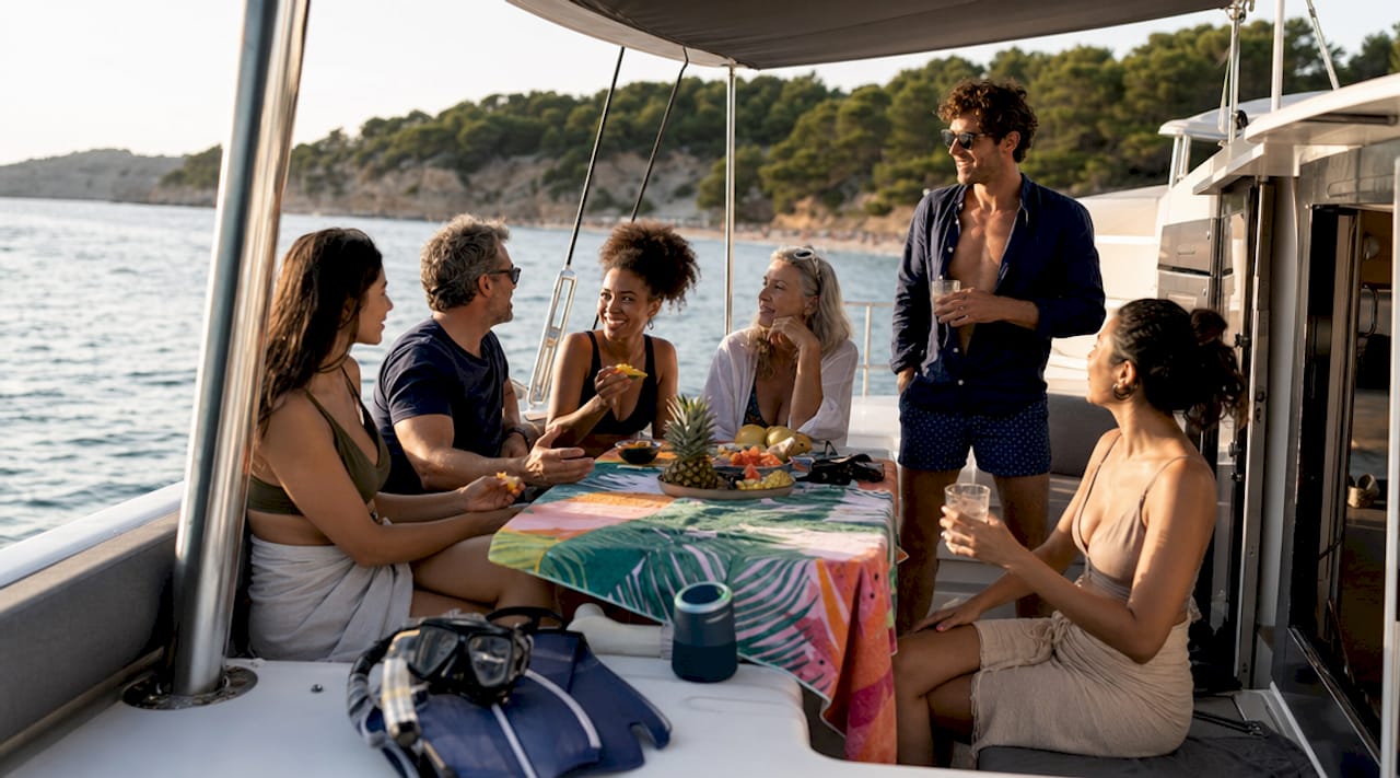 Group enjoying catamaran deck socializing