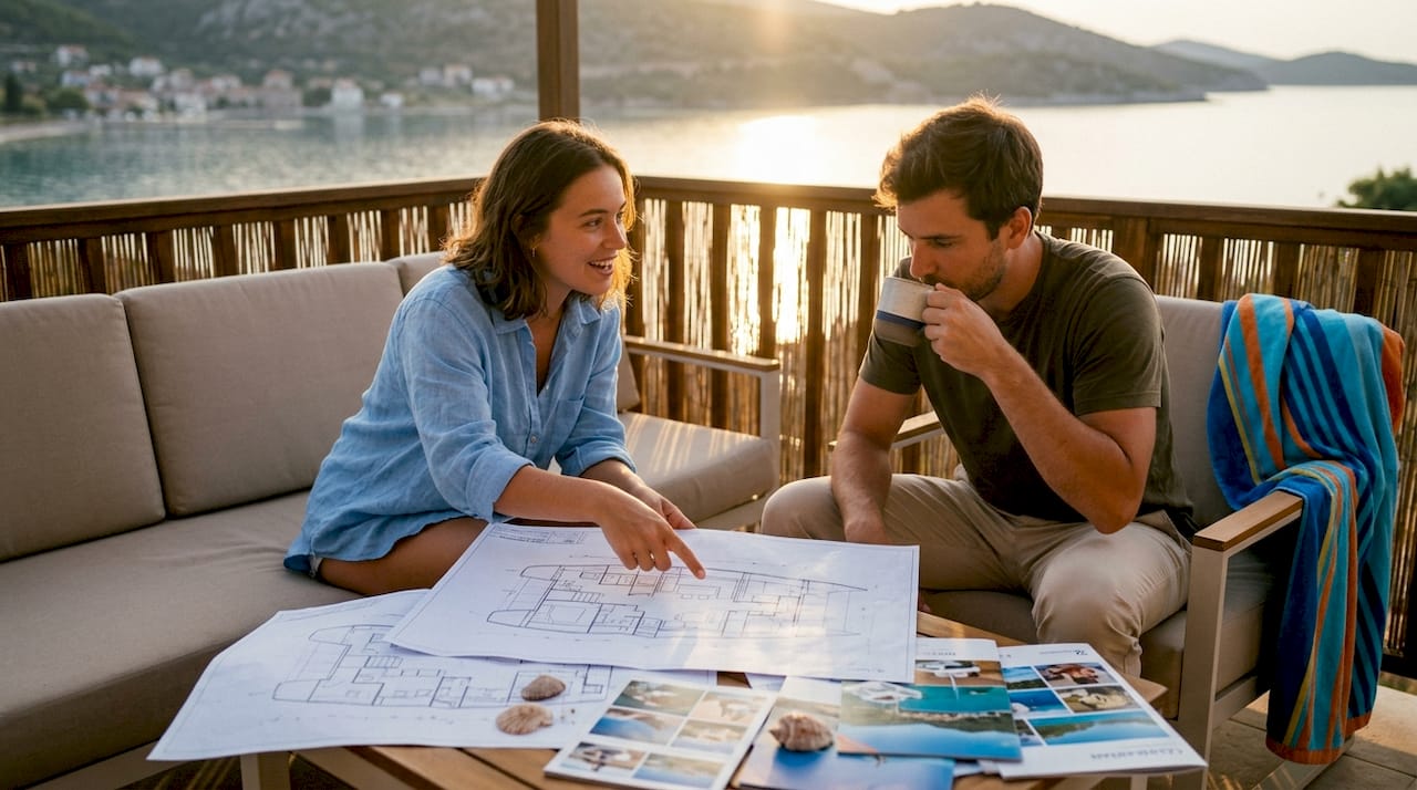 Couple reviewing catamaran cabin plans at home