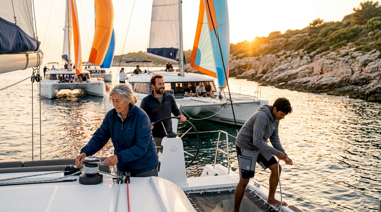 Yachts sailing together in guided flotilla