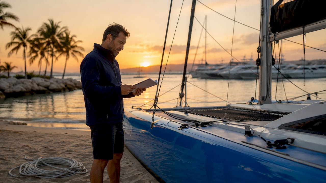 Man inspecting rigging and maintenance log on sailing boat deck