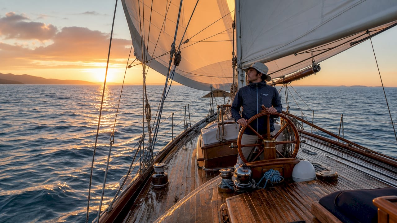 Solo sailor steering yacht outdoors on deck