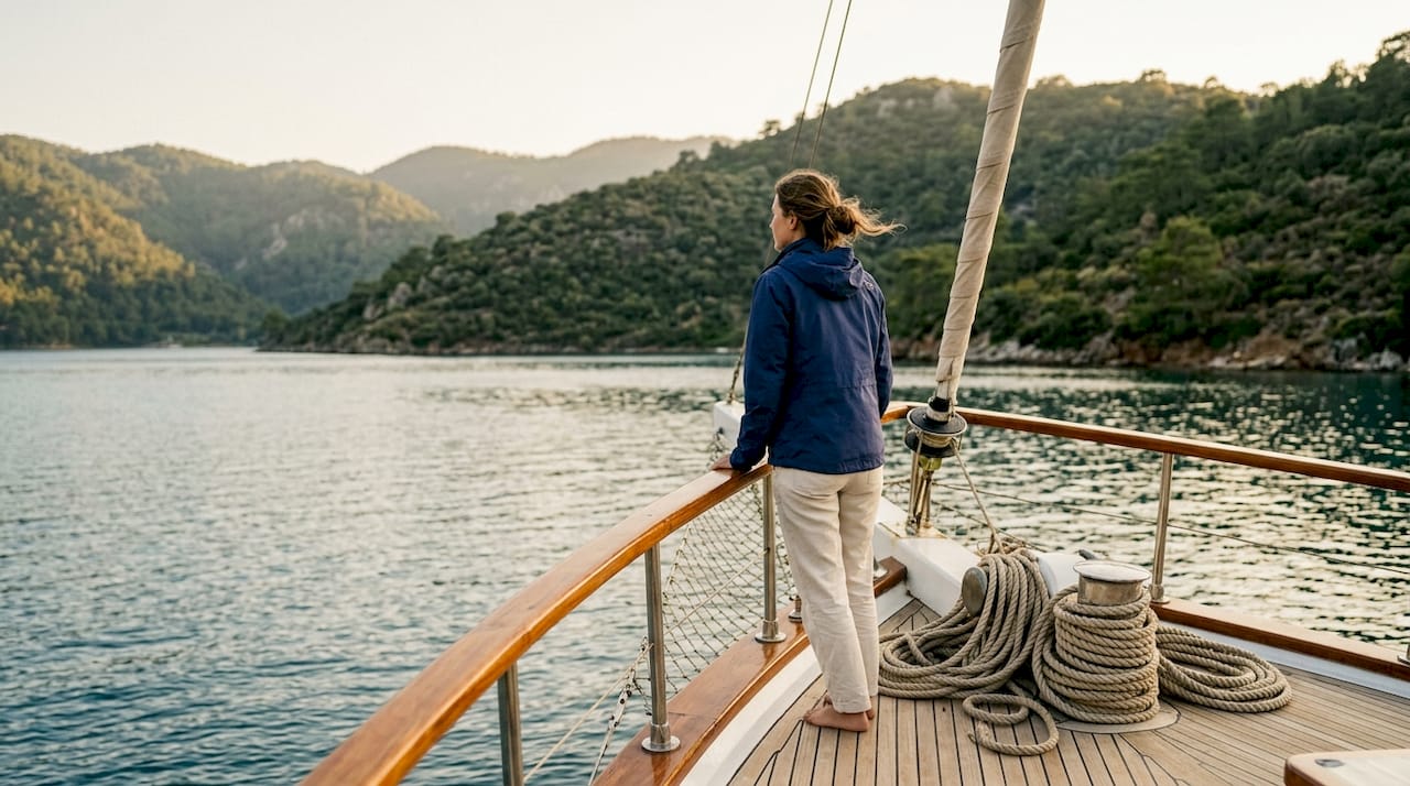 Solo female on sailing yacht in turquoise water Turkey