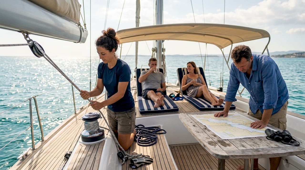 Group enjoying a sailing trip on sunny boat deck