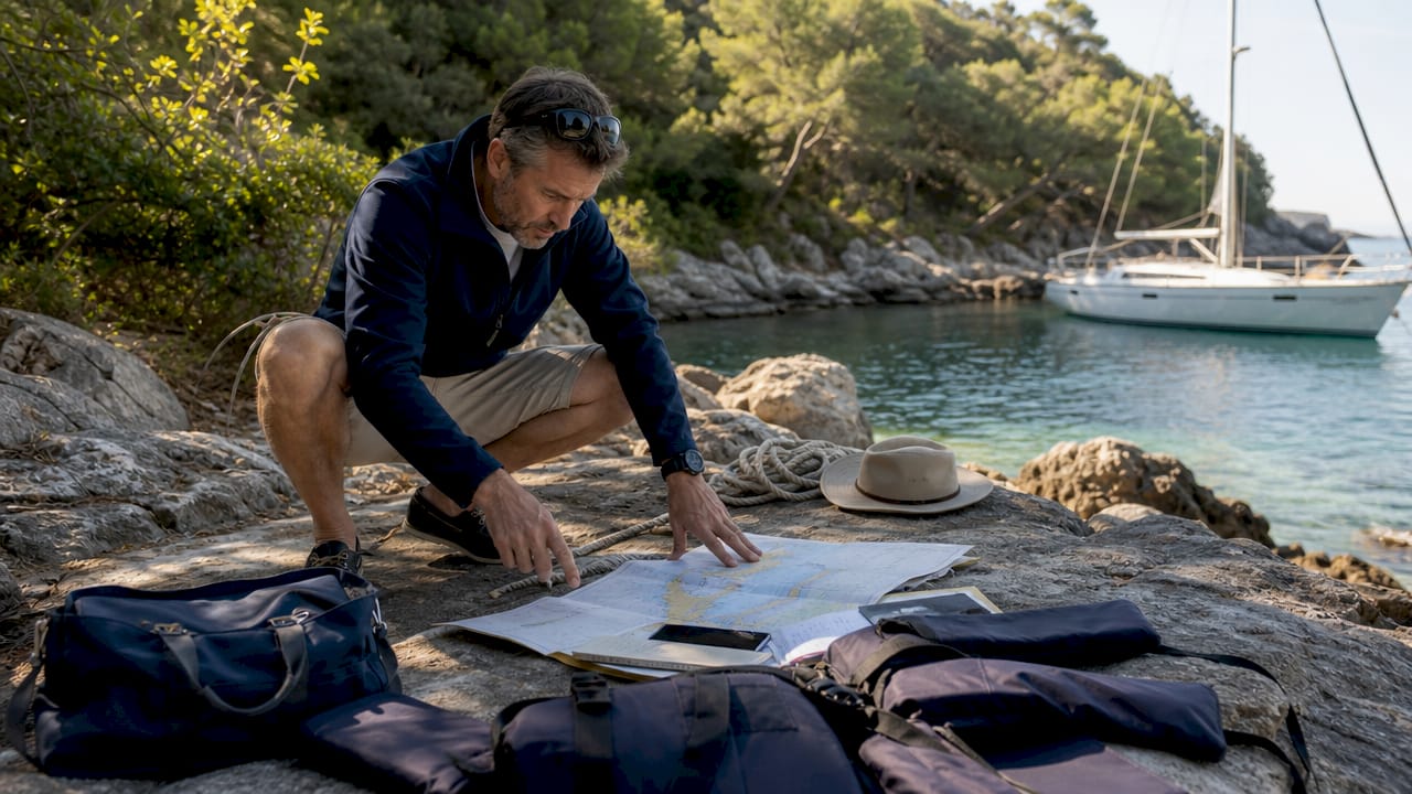 Man organizing flotilla sailing equipment on dock