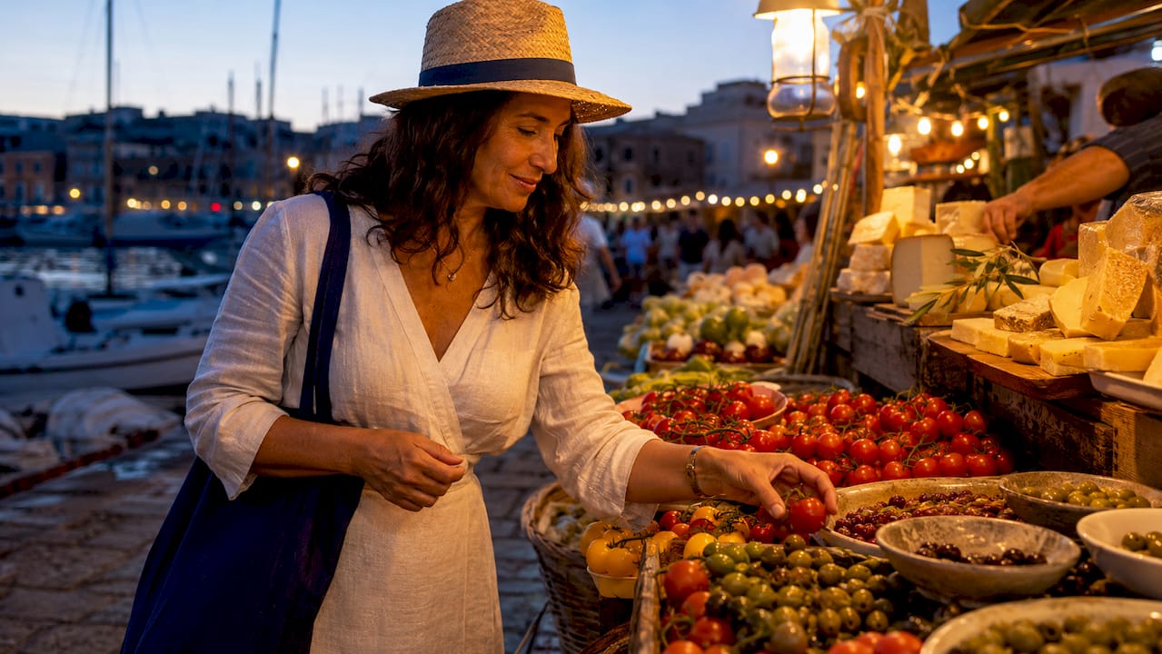 Woman selecting fresh Mediterranean market produce