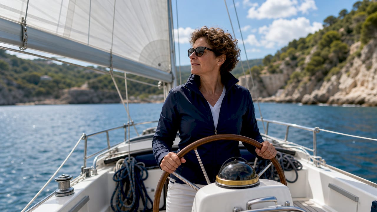 Sailor steering sailboat on open Mediterranean water