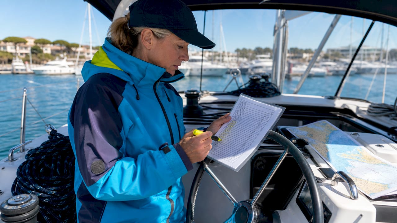 Skipper reviewing safety checklist on sailboat helm