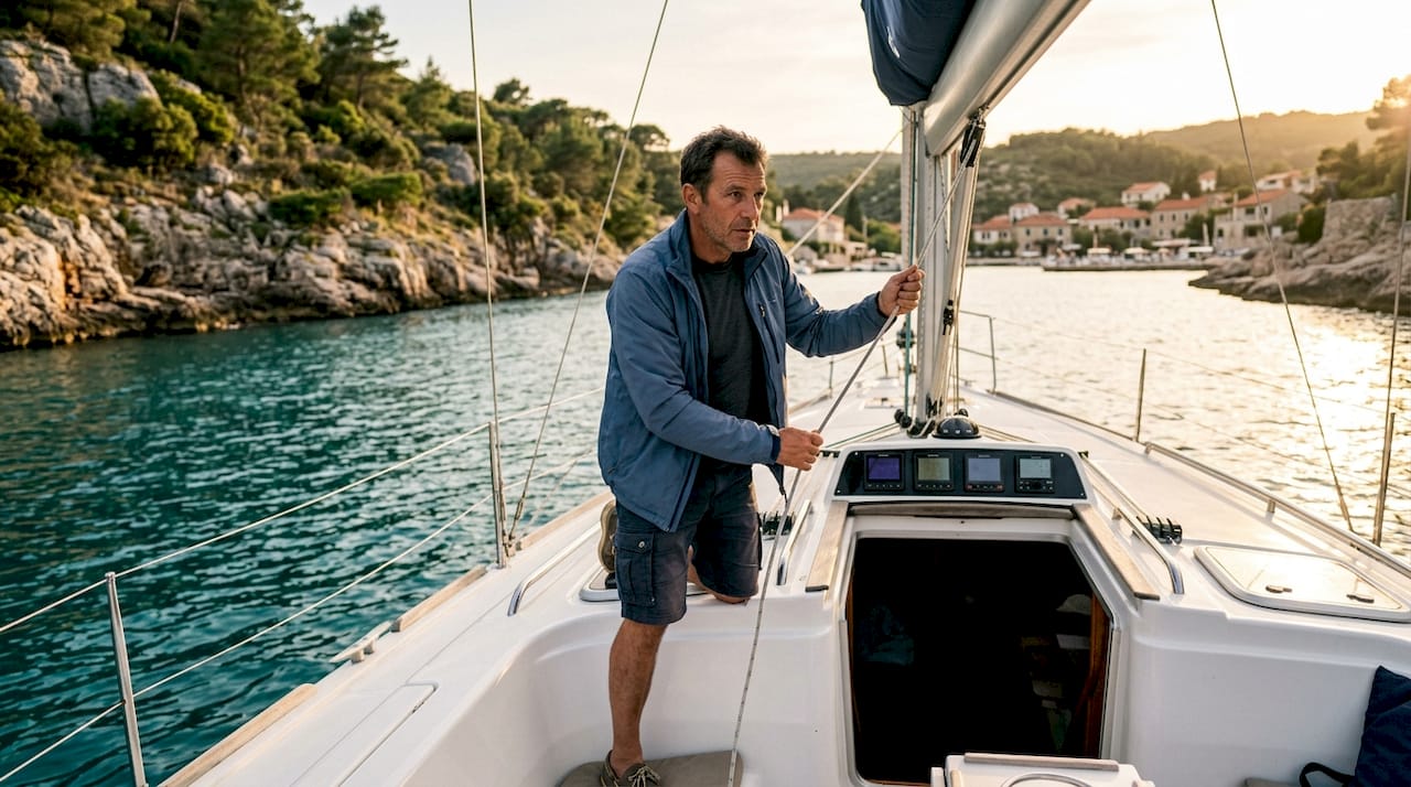 Experienced sailor steering yacht at sea