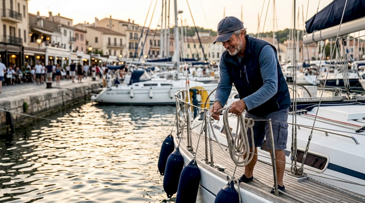 Sailor preparing mooring lines in Mediterranean marina