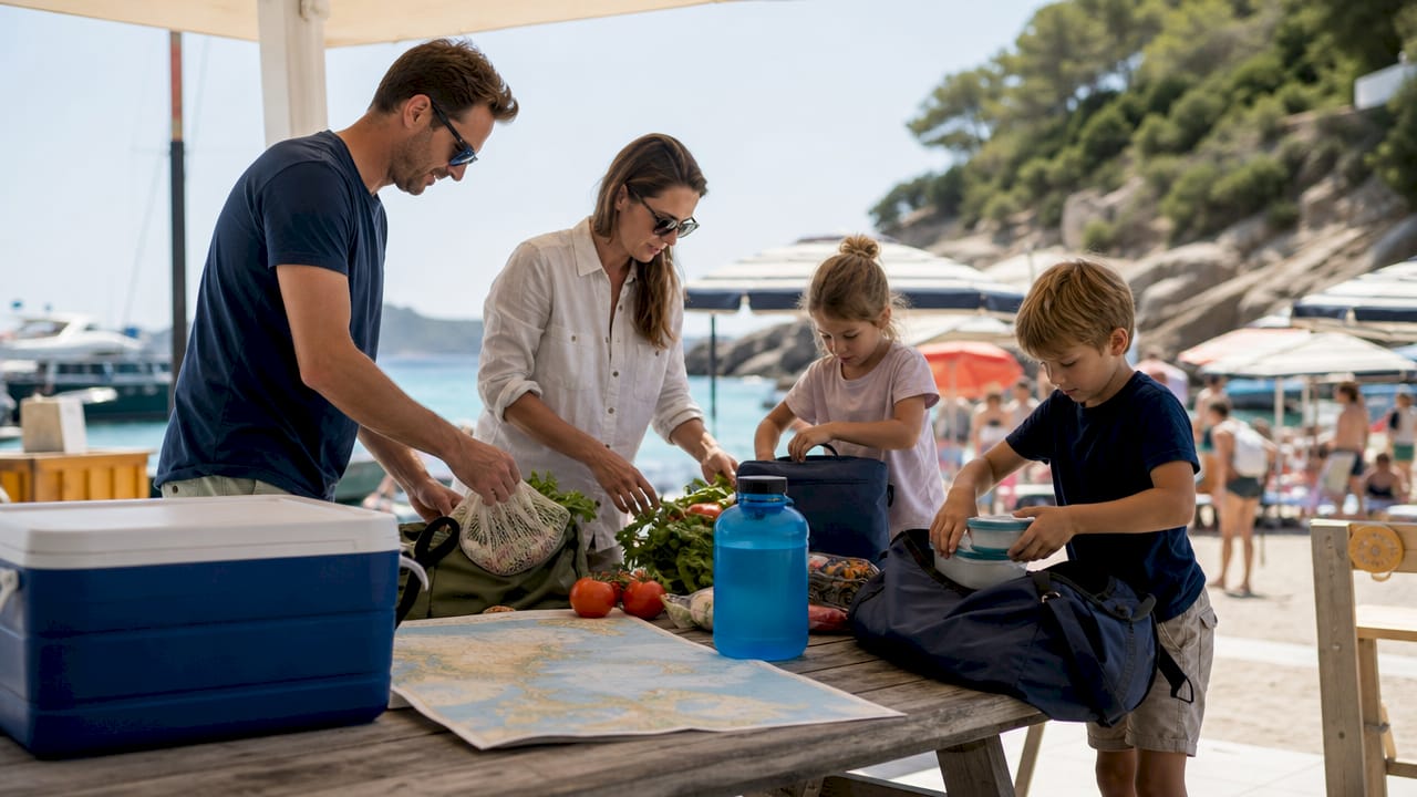 Family organizing provisioning supplies at marina dock