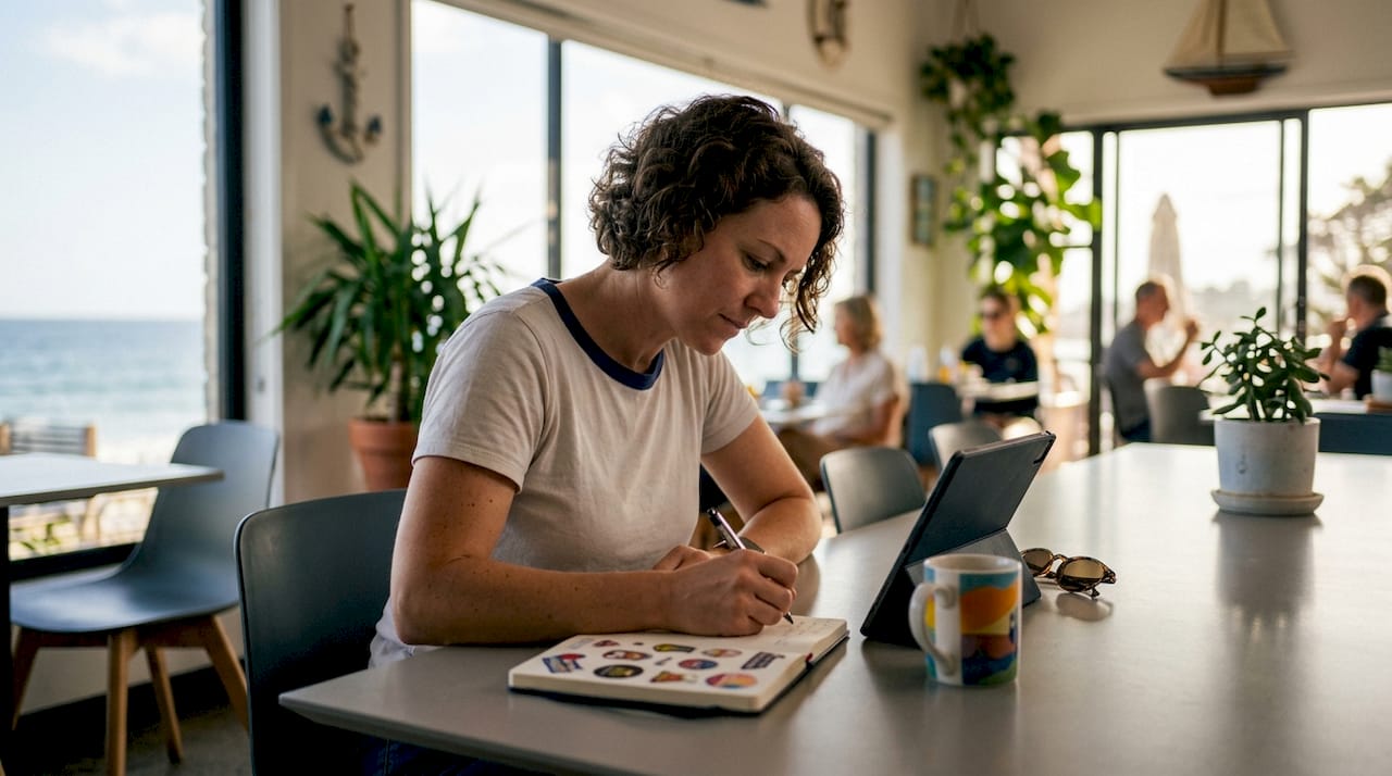 Woman planning sailing holiday budget at table