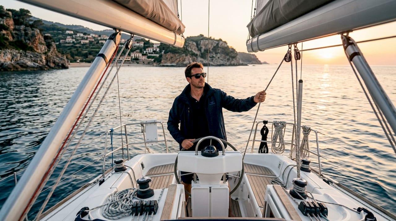 Sailor independently steering yacht in flotilla