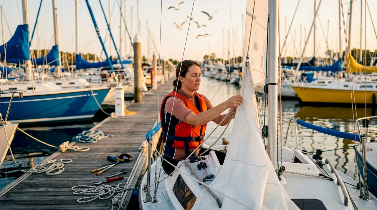 Beginner sailor adjusting mainsail lines on boat