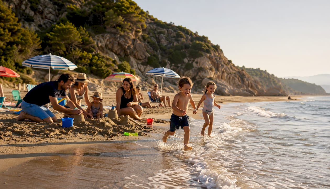 Families enjoying yacht deck in Mediterranean bay