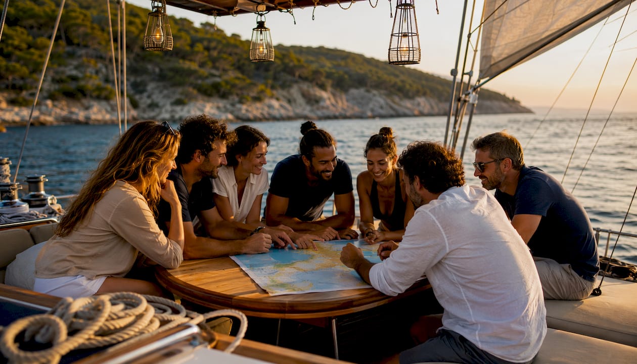 Group enjoying sailing trip on Mediterranean sea