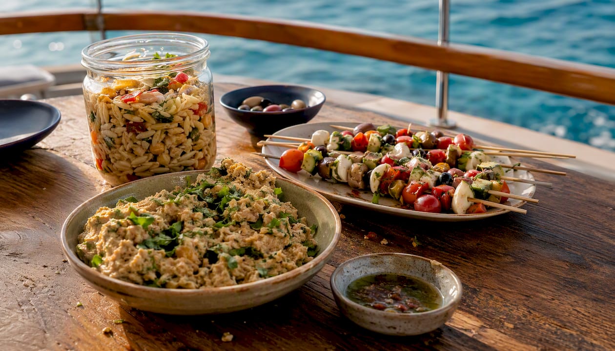 Mediterranean no-cook foods on yacht table
