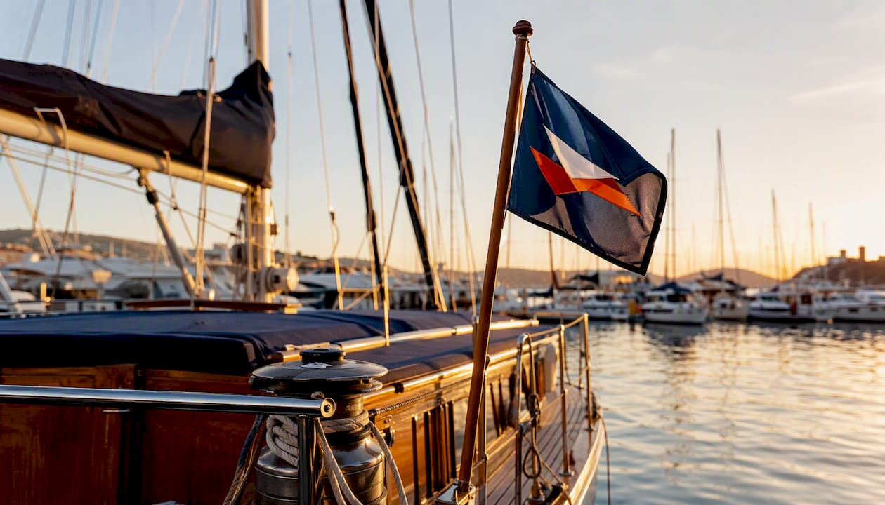 Mediterranean yacht mast with courtesy flag