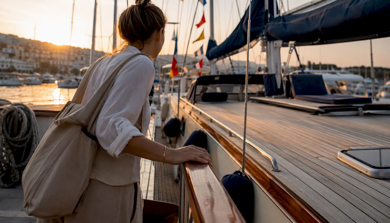 Solo traveler boarding sailing yacht in marina