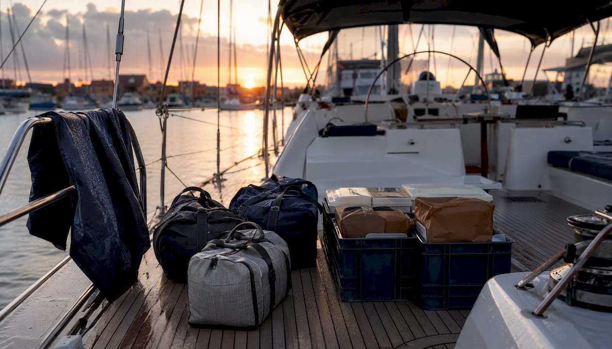 Yacht deck with travel bags and provisioning before departure