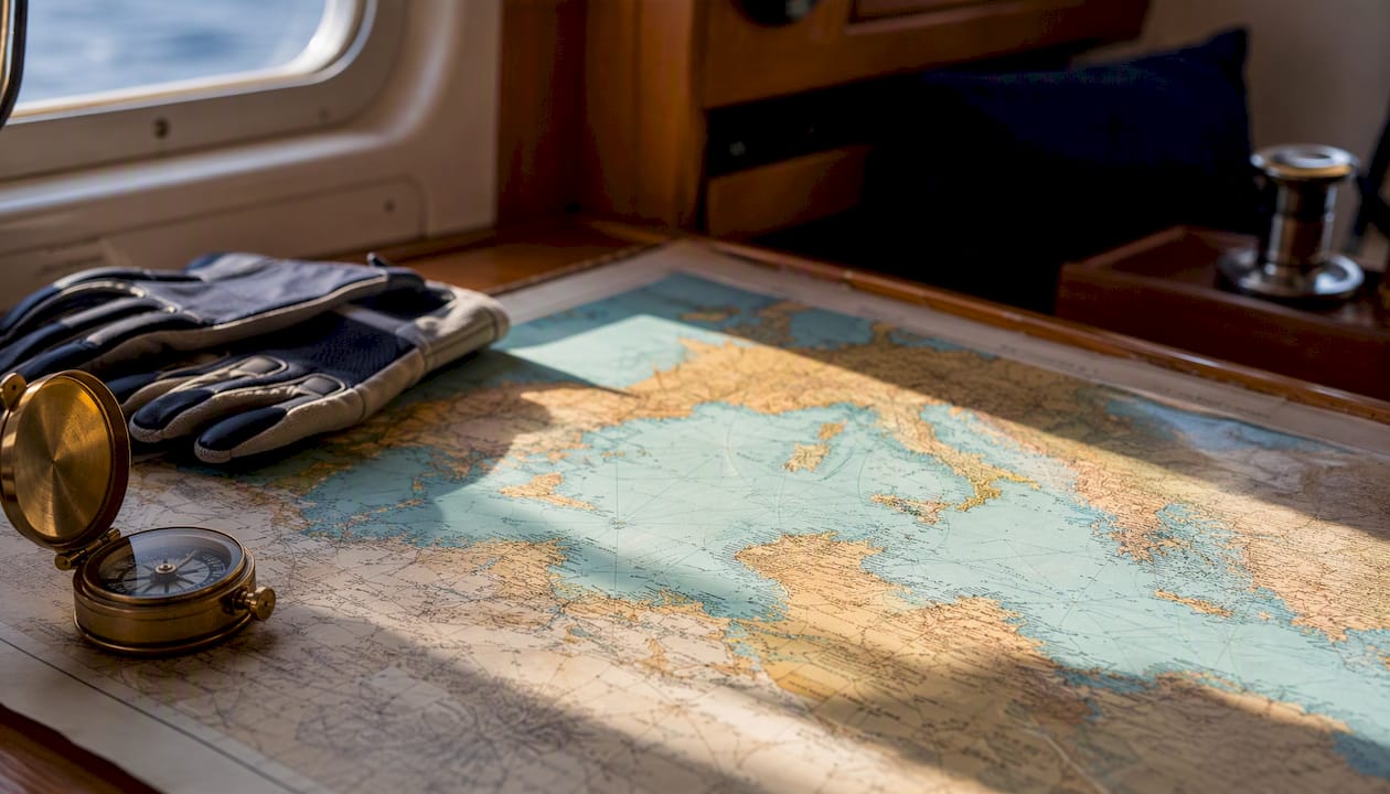 Nautical chart with sailing navigation tools