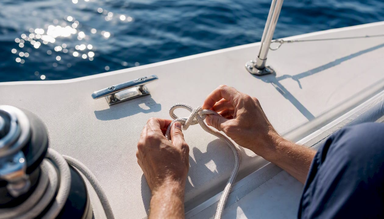Hands tying a figure-eight knot on sailing line