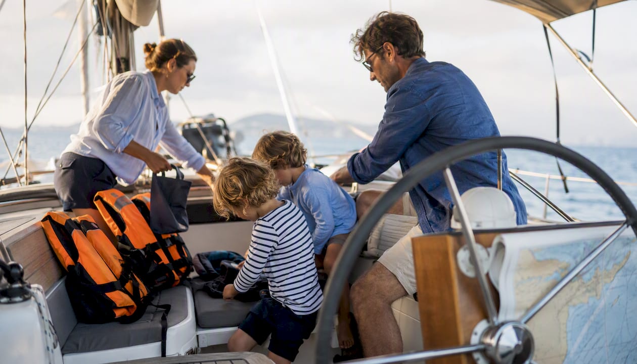 Yacht cockpit with children’s safety gear ready