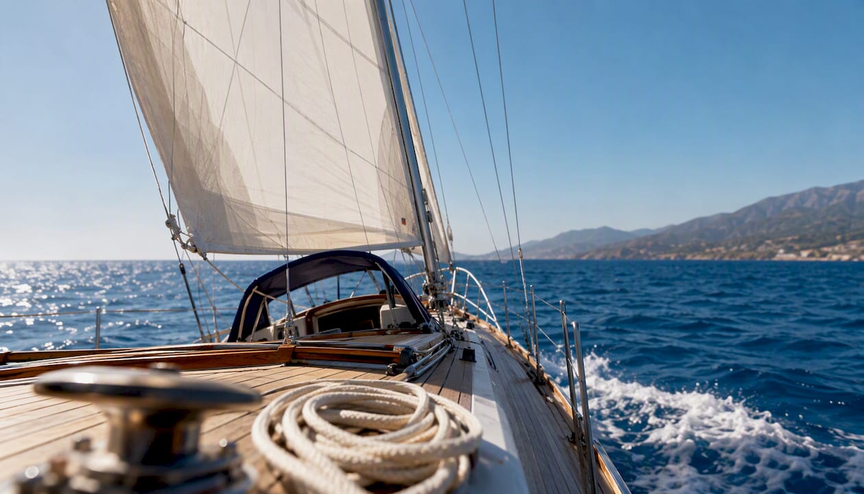 Small sailboat tacking on calm Mediterranean sea