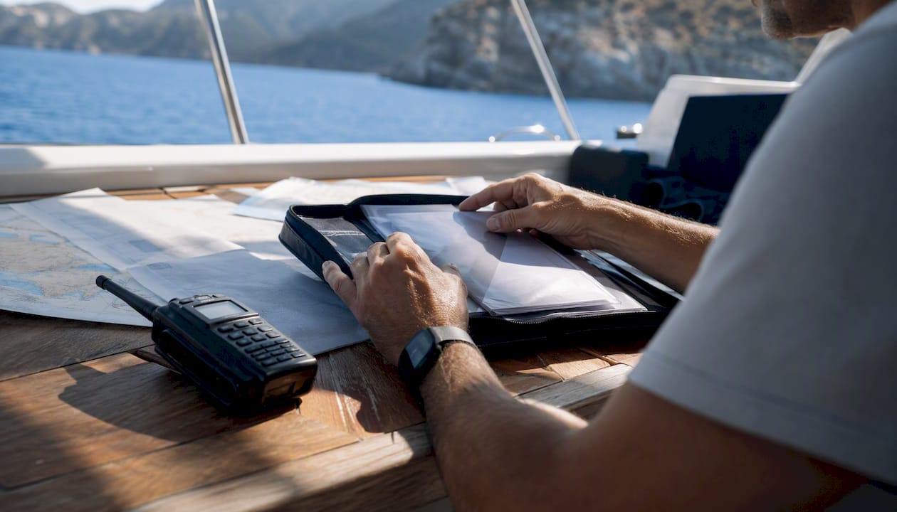 Skipper organizing customs documents on yacht deck