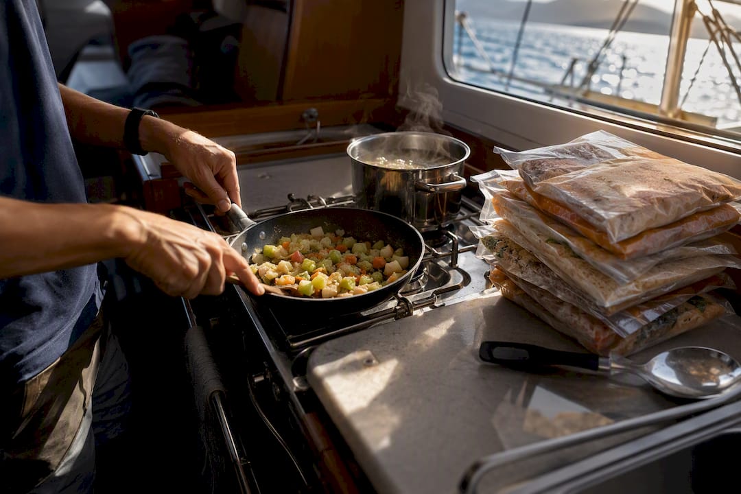 Hands chopping vegetables in yacht galley