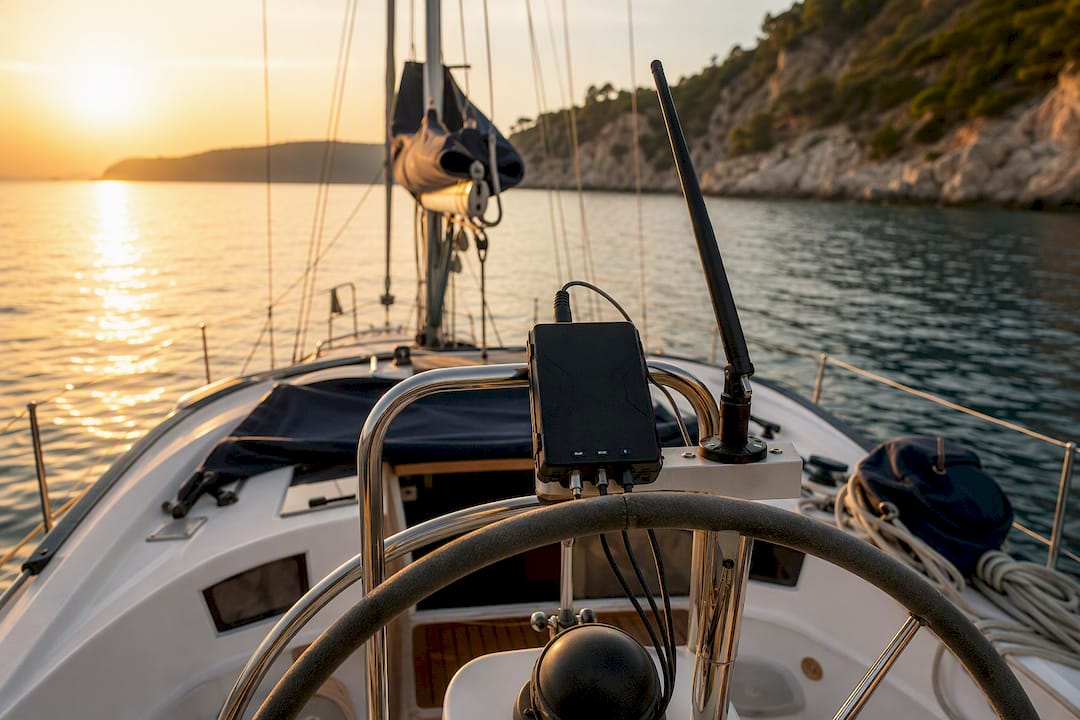 Marine router and antenna on yacht deck